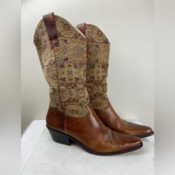 J.Jill Vintage Tapestry Leather Western Boots Pointed Toe Made in Brazil 9 - Picture 2 of 15